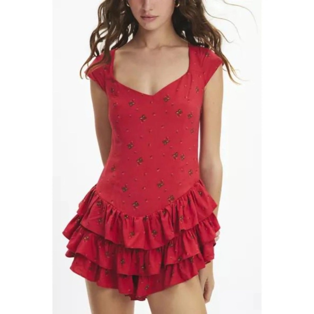 Free People Kimchi Blue Drop Waist Scarlet Frilled Strawberry Romper Playsuit